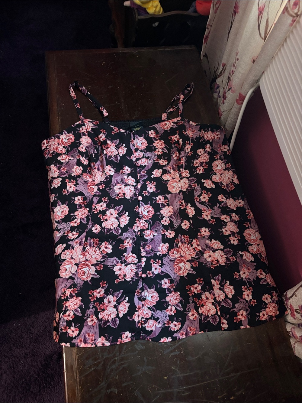 Disney Black Cami Top with Pink Rose Floral and Princess Print